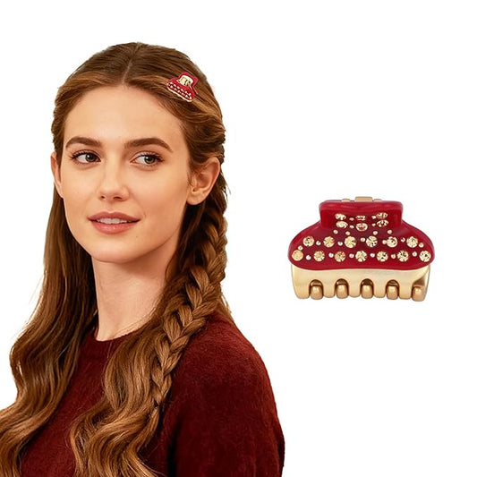 1.2" Mini Clover Claw Clips for Girls Kids - 18K Gold Plated Small Red Hair Clips for Side Bangs & Braids, Rhinestone Hair Accessories for Fine Hair, Cute Birthday Gift for Daughter