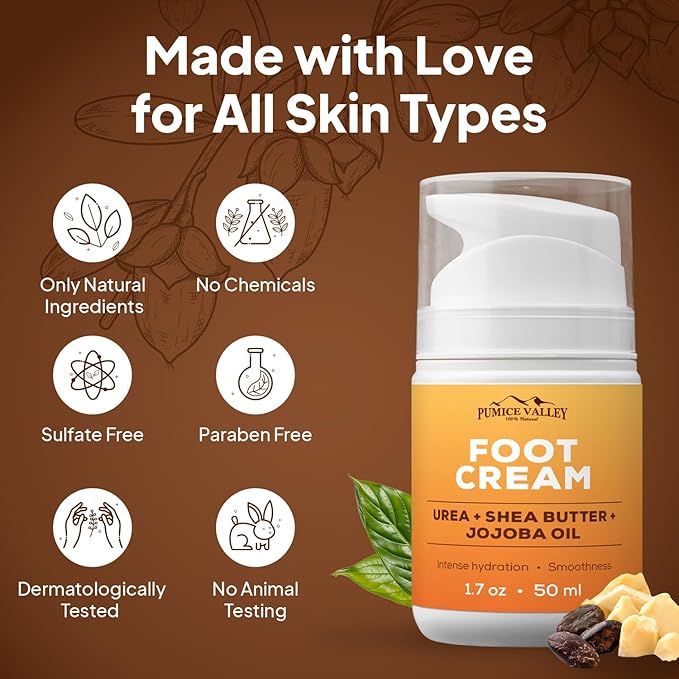 Pumice Valley 2 Pack Foot Cream for Dry Cracked Heels and Feet - Natural Moisturizer, Corn, Calluses Treatment - Skin, Body Lotion, Urea, Shea Butter, Jojoba Oil, Vitamin E 1.7 Oz