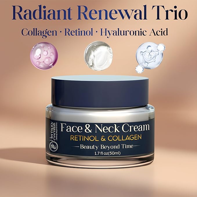 Hermony Essentials Collagen, Retinol & Hyaluronic Acid Cream – Anti Aging Face & Neck Daily Moisturizer, Firming, Lightweight, Fast Absorbing Cream Skincare for Women, American Brand, 1.7 fl oz
