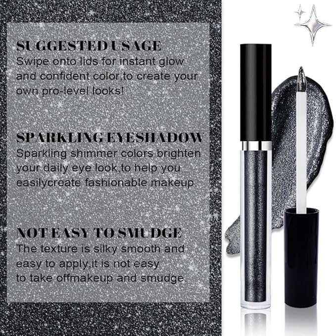 SUAKE Liquid Sparkling Glitter Eyeshadow Stick Pack - High Pigment Shimmer Metallic Eye Shadow, Long-Lasting, White Blue Black Gold Purple Bold Colors,Quicking-Dry (12#-Black, Pack of 1)