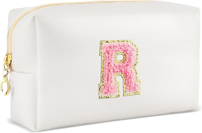 URSKYTOUS Initial Makeup Bag Personalized Preppy Travel Small Cosmetic Bag Cute PU White Chenille Letter Makeup Pouch for Purse Waterproof Zippered Toiletry Organizer for Women Girls Kids Friends (R)
