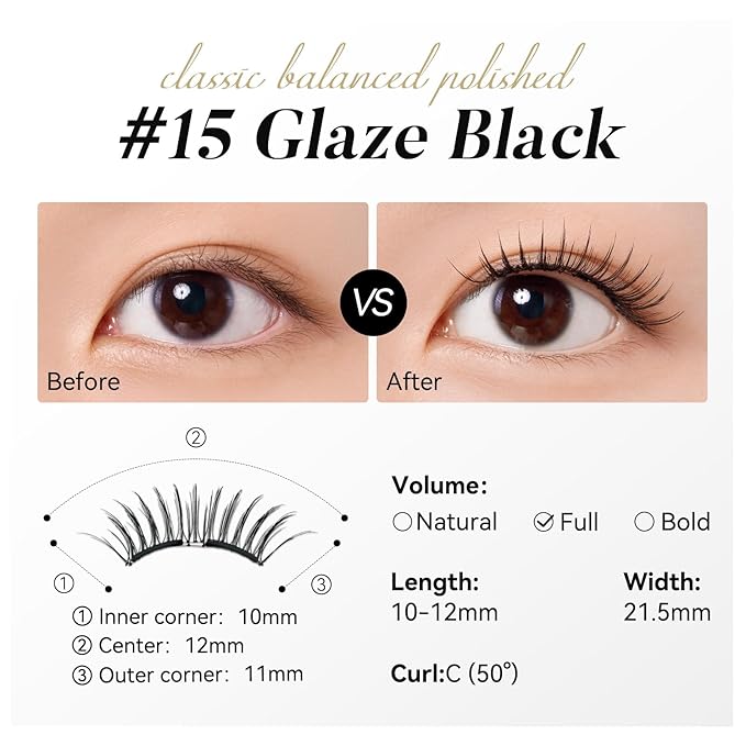 WOSADO Soft Magnetic Eyelashes [No.15 Glaze Black] 21.5mm with Applicator Kit, Reusable Glue-free Wispy Magnetic Lashes, Cruelty-free False Lashes, Waterproof, Lightweight, Suit for Heavy Makeup