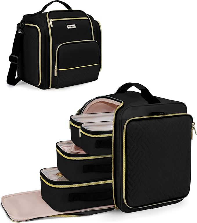 BAFAMYE Large Travel Makeup Bag - Cosmetic Organizer with 4 Removable Inner Pockets, Multi-functional Toiletry Bag for Accessories & Brushes, Women's Beauty Case, Black