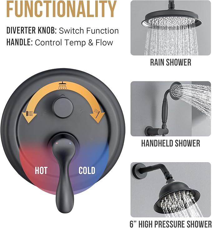 Dasan Antique Dual Rainfall Shower System, Matte Black, Complete Shower Fixture Combo, 9'' & 6'' Dual Rainfall Overhead Shower with Handheld, Valve & Trim Kit, AT3096C-MB