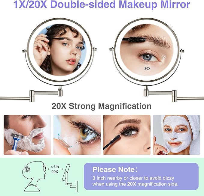 Magnifying Mirror with Lights 1X/20X: 8.5" Double Sided 2000mAh Rechargeable Wall Mounted Lighted Makeup Mirror for Bathroom, Brushed Nickel