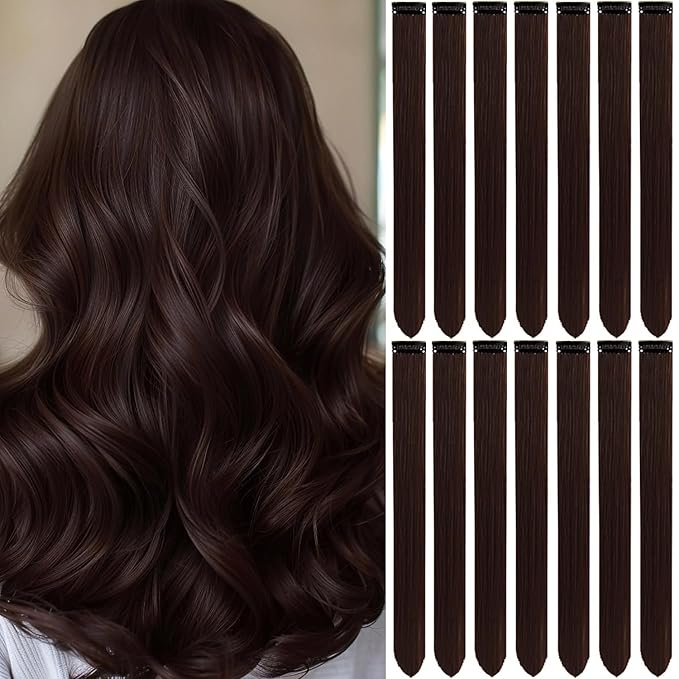 Colored Hair Extensions 14 PCS, 20 In Dream Rainbow Clip in Hair Extensions Party Highlights, Colorful Long Straight Synthetic Hairpieces for Girls Women Kids Gift(Brown)