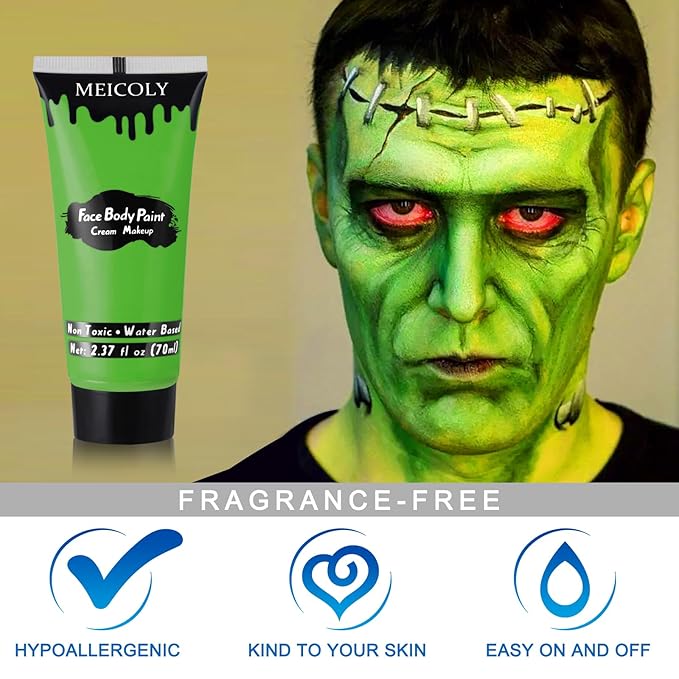 MEICOLY Light Green Face Body Paint(2.37Oz),Christmas Stocking Stuffers,Lime Green Face Paint for Halloween SFX Witch Elphaba Makeup,Camouflage Hunting Hulk Gamora,St Patrick's Day Accessories
