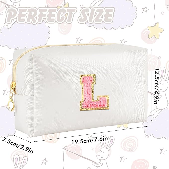 URSKYTOUS Initial Makeup Bag Personalized Preppy Travel Small Cosmetic Bag Cute PU White Chenille Letter Makeup Pouch for Purse Waterproof Zippered Toiletry Organizer for Women Girls Kids Friends (L)