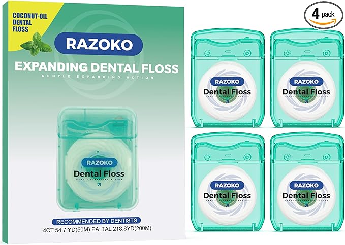 RAZOKO Expanding Dental Floss for Wide Spaces (55 Yards, 4 Pack), Shred-Resistant Thick Floss with Refreshing Light Mint Flavor, Fluoride-Free Deep Cleaning for Teeth & Gums, Total 220 Yards