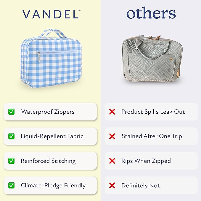 VANDEL Waterproof Hanging Toiletry Bag for Travelling, Hanging Makeup Organizer Bag, Cosmetic Travel Bags for Women, Makeup Case Toiletries Organizer Hygiene Bathroom Shower Caddy - Blue Gingham