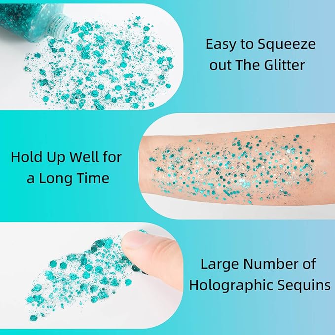 MEICOLY Teal Body Glitter,Holographic Mermaid Face Glitter Gel for Halloween Face Paint,Dazzle Green Chunky Glitter for Face Body Hair,Sparkling Self-Adhesive Gel Glitter Makeup for Women and Kids