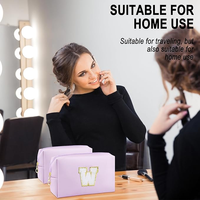 URSKYTOUS Gifts for Girls Initial Makeup Bag Personalized Cosmetic Bag with Zipper Cute Travel Toiletry Bag Waterproof PU Preppy Makeup Pouch Birthday Gift for Teen Girls Women(Purple W)