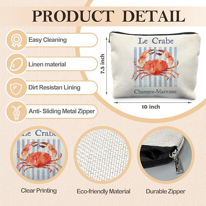 RYYCDOI Vintage Crab Beach Makeup Bag, Crab Lovers Gifts Cosmetic Bags for Women, Gifts for Beach Ocean Lovers, Retro Blue Stripes Seafood Aesthetic Zipper Makeup Pouch