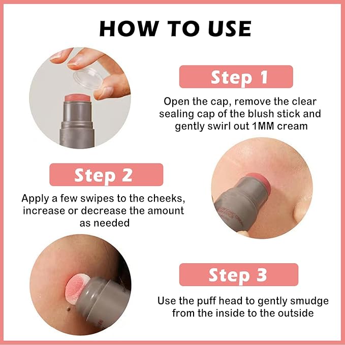 Cream Blush Stick with Sponge 3 in 1 Fairy Pink