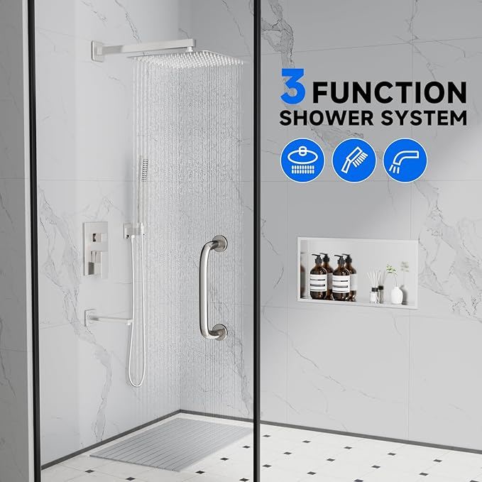 POPFLY 3-Function Shower Faucet Set – 10 Inch Rainfall Shower Head, Handheld Spray & Tub Spout, Brushed Nickel Wall Mounted Bathroom System with Solid Brass Valve & Trim Kit