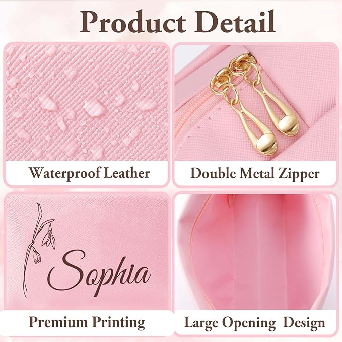 Fincekoom Valentines Day Gifts for Her Teen Girls, Personalized Makeup Bag with Name & Birth Flower, Custom Leather Cosmetic Bags for Women, Customized Travel Toiletry Bag Gifts for Bridesmaid Wedding