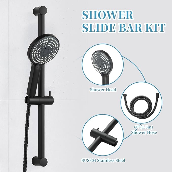 OFFO 6-Spray High Pressure Handheld Shower Head Combo with Adjustable 23 in Slide Bar and 60 in Stainless Steel Hose, Matte Black