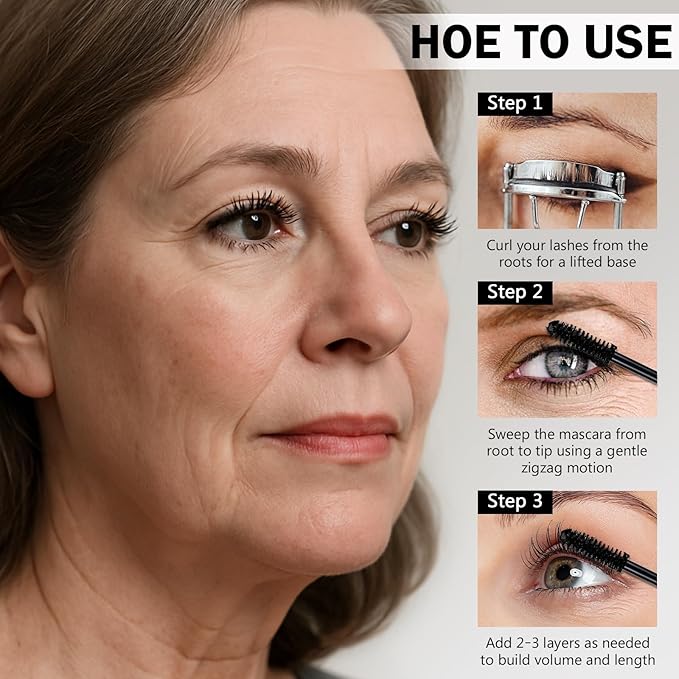 Mascara for Older Women 60 Plus, Volumizing & Lengthening Tubing Mascara for Mature Lashes, Smudge-Proof, Long-Wear, Hypoallergenic Black Mascara, Easy to Remove