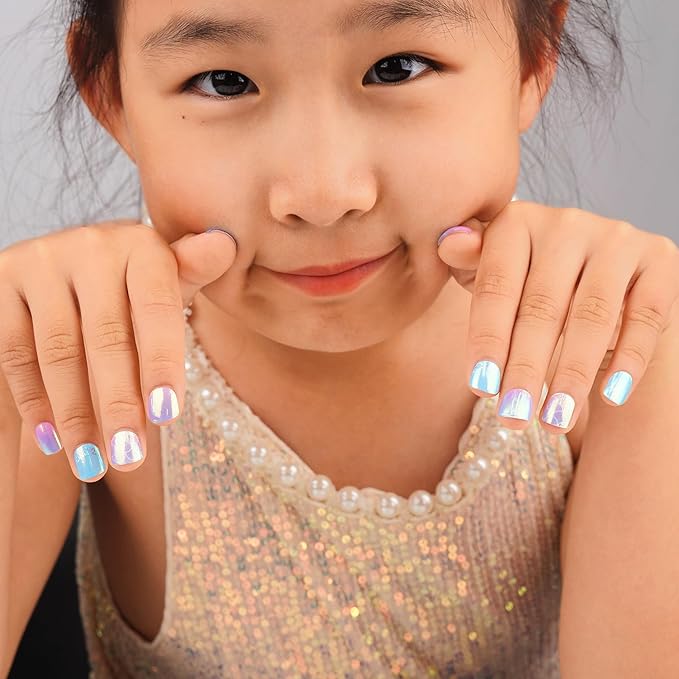 DANNI & TONI Kids Gel Nail Strips Mermaid Crown Blue Purple Aurora Ombre Salon-Quality Peel & Stick Manicure for Children (Age 6+)– Safe, Long-Lasting, Easy to Apply |Mermaid Glimmer