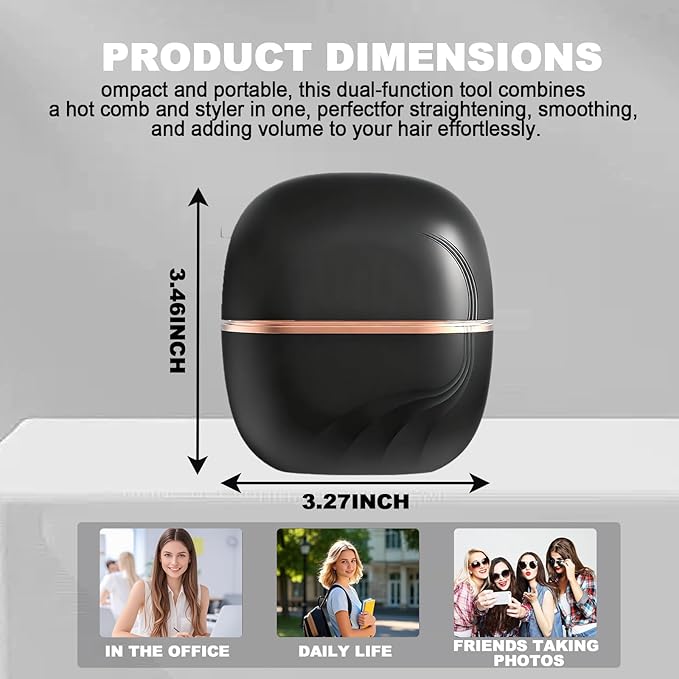 Mini Straightener Brush, Rechargeable Portable Hair Straightener Brush, 3-Speed Temperature Control, Anti-Scald Shell, Lightweight and Portable for Home Travel Gift (Black)