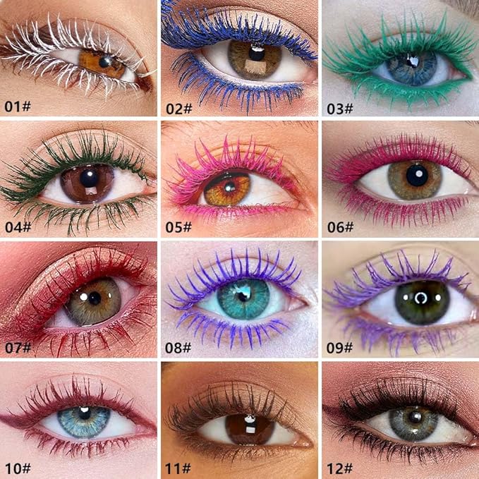 Colored Mascara for Eyelashes, Voluminous Colorful Mascara, Pink Purple Blue Green Red White Black Brown Lash Pack - Lengthening, Defining, Curling, Multiplying Formula (12#-Black)