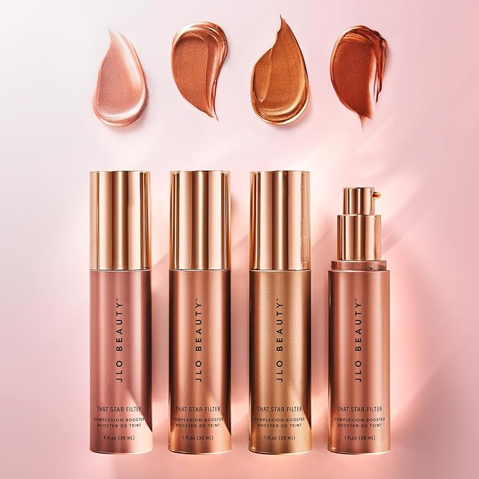 JLO BEAUTY Complexion Booster Highlighter & Bronzer for Face & Body, Rose Gold, Lightweight Skin Care Makeup Primer with Vitamin E, Sheer Shimmer Skin Tint for a Dewy Glow, That Star Filter, 1 Fl Oz