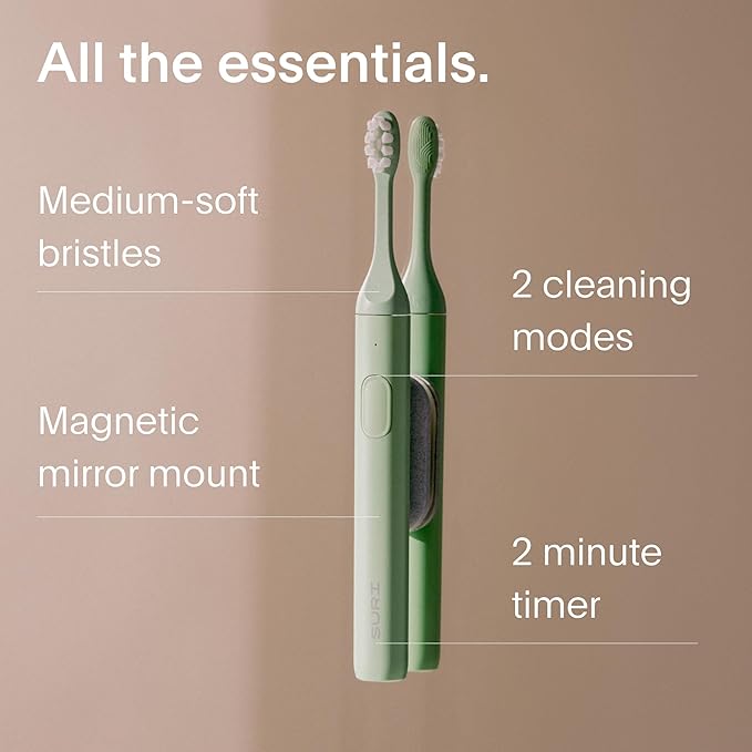 SURI 1.0 Sonic Electric Toothbrush with UV Cleaning Travel Case | 1 Month+ Battery | Designed in California | Electric Toothbrush for Adults | Travel Toothbrushes | Tooth Brush | Green