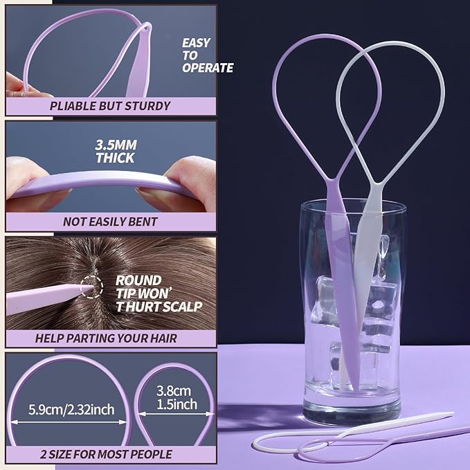 Teenitor 4pcs Pony Tail Hair Tools: 2 Pairs Pony Styling Loop, Pull Through & French Braiding Accessories for Women & Girls - Light Purple/White