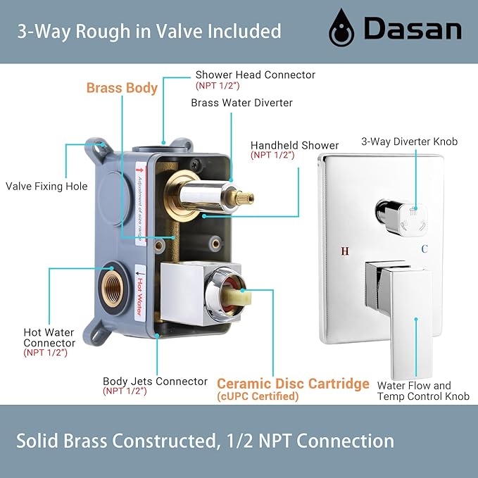 DASAN Full Body Shower System with 6 PCS Body Spray Jets & 12'' Rain Shower Head & Handheld, Ceiling Mount Rain Shower System Polished Chrome Shower Faucets Sets Complete with Valve, SA-SS03ACH-S12C