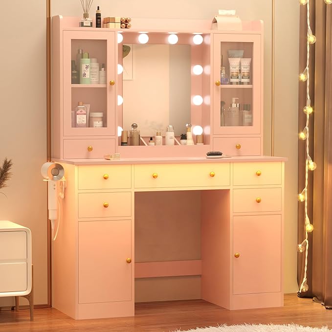 Vanity Desk with Mirror and Lights, 43" Pink Makeup Vanity Set with 5 Drawers & Glass Cabinets, Makeup Tray, Power Outlet & Adjustable LED Lights, Dressing Table for Women & Girls Bedroom