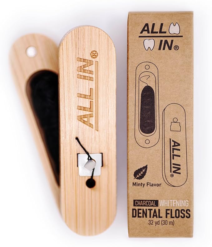 ALL IN Waxed Charcoal Floss with a Refillable Dental Floss Magnetic Holder - Plant Based, Natural, and No PFAS - Mint Floss for Effective Plaque Removal, Clean Teeth, Fresh Breath - 32 yd