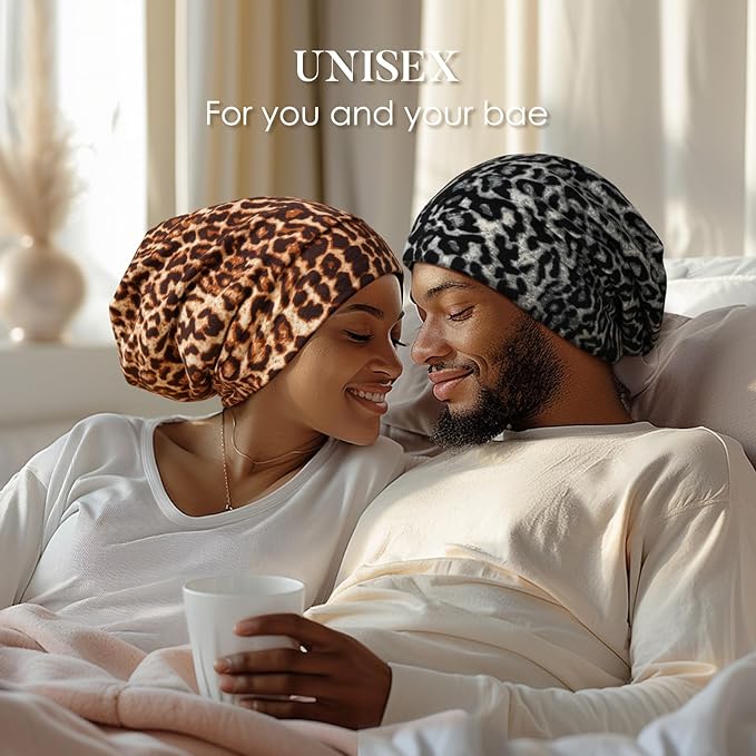 LULUSILK 100% Mulberry Silk Lined Sleep Cap, No More Frizzy Tangled Hair, Stay On All Night Adjustable Silk Hair Wrap for Sleeping, Black Leopard, Pack of 1