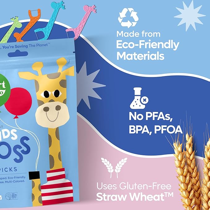 SmartLifeco Biodegradable* Kids Flossers - Unflavored Dental Floss Picks for Children, Fluoride & PFA Free, Straw Wheat Fun Animal Flossing Sticks for Toddlers Teeth, Eco Friendly Compostable*, 300x