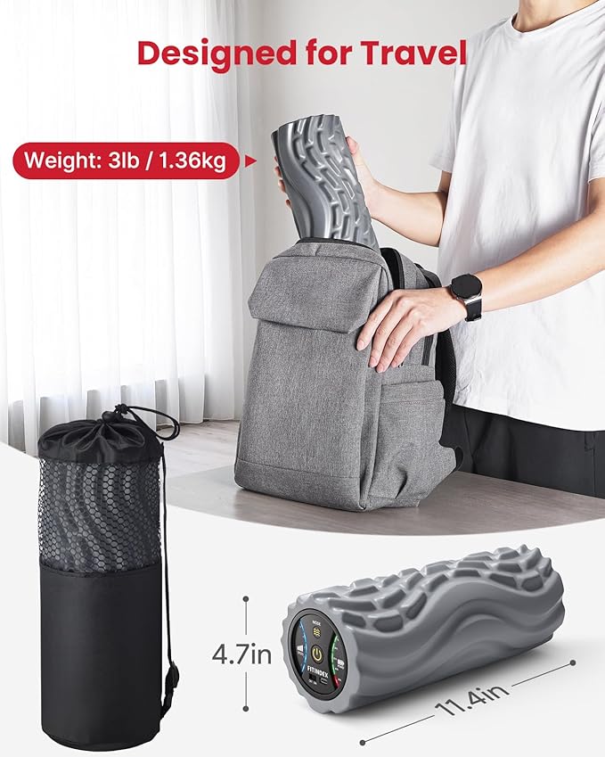 FITINDEX Vibrating Foam Roller for Back Pain, FSA&HSA Eligible, 5-Speed Muscle Massage, Exercise, Muscles Deep Tissue, Physical Therapy, Pilates, Yoga, Neck, Leg, Rechargeable, Travel Portable Gray