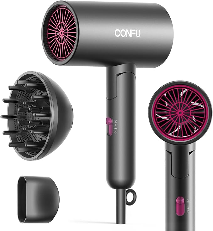 CONFU Diffuser Hair Dryer for Curly Hair,1500W Fast Drying Blow Dryer with Diffuser for Women,Compact & Portable Negative Ion Hairdryer,Mini and Foldable Blowdryer Design for Travel(Gray)