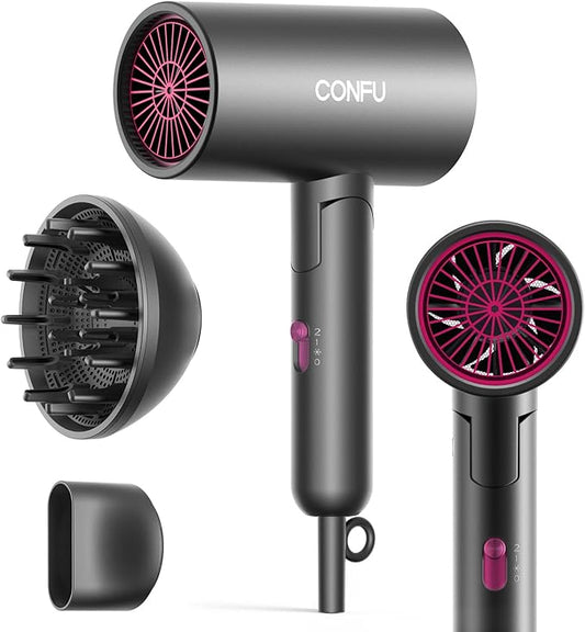 CONFU Diffuser Hair Dryer for Curly Hair,1500W Fast Drying Blow Dryer with Diffuser for Women,Compact & Portable Negative Ion Hairdryer,Mini and Foldable Blowdryer Design for Travel(Gray)