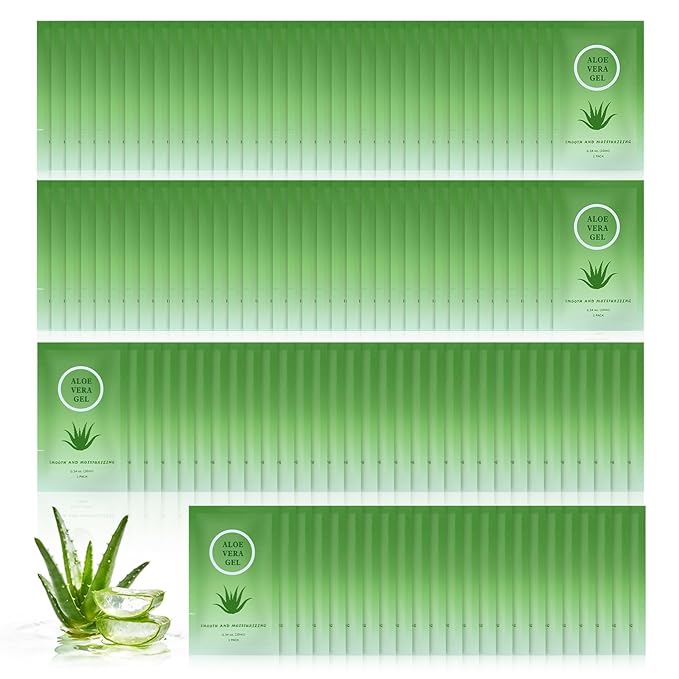 Travel Size Aloe Vera Gel Bulk Mini Natural Organic Aloe Vera Lotion, Individually Wrapped Moisturizer Soothing After Sun Aloe Cream for Face Body Skin Care Outdoor Vacation 0.34 Fl Oz (Pack of 100)