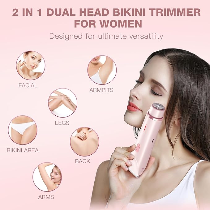 Electric Bikini Trimmer for Women - Gentle Trimming Facial Hair Removal, IPX7 Waterproof, Dual Head, USB Charge, Ceramic Blade, Pink