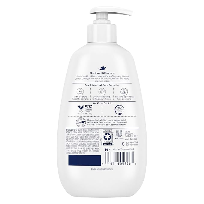 Dove Advanced Care Hand Wash Peach & Rice Milk 4 Count for Washing Away Dirt & Germs While Nourishing Skin 10 Layers Deep, with Moisture Boost 5X Complex