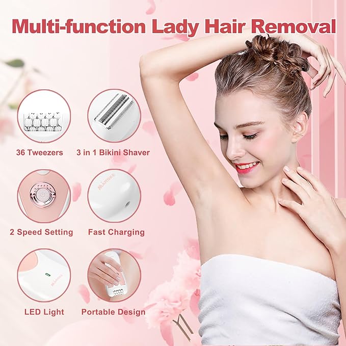 Smooth Glide Epilator for Women, 2-in-1 Facial Epilator for Women with LED, Wet/Dry Hair Remover Device, Portable Electric Lady Shaver for Bikini, Face, Arm, Legs, Armpits