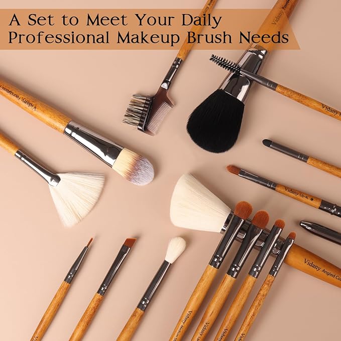 Vidany Makeup Brush Set,15pcs Walnut Wooden Makeup Brushes With Leather Button Bag, Professional Makeup Brushes For Foundation Concealer Kabuki Blush Eyeliner Shadow Brow, Makeup Brush Sets & Kits
