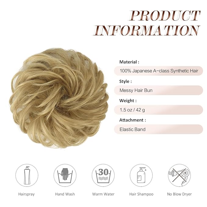 FESHFEN Messy Bun Hair Piece - Wavy Synthetic Chignon Scrunchies for Instant Volume, Elastic Bun Ponytail Hair Extensions Thick Hairpieces for Women, Light Golden Blonde 1.50 oz