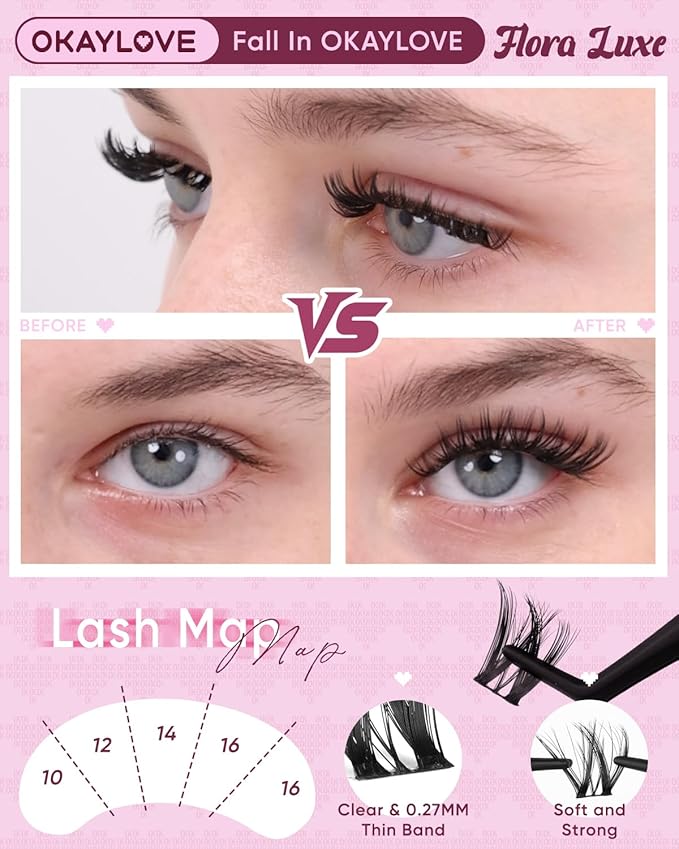OKAYLOVE Natural Lash Clusters, Flora Luxe 8-18mm DIY Wispy Cluster Eyelash Extensions Kit, 132pcs CC Curl Clear Band Individual Lashes