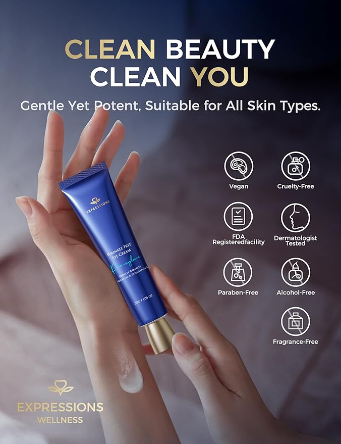 EXPRESSIONS WELLNESS Eye Cream Anti Aging for Wrinkles & Dark Circles, Korean Under Eye Cream with Peptides & Niacinamide, Firming Eye Cream for Puffiness for Women & Men 1.06 Oz Gold