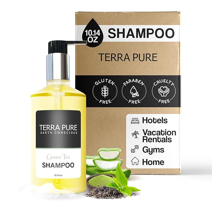 Terra Pure Green Tea Shampoo 10.14oz Pump | Clean Honey and Aloe Vera Formula for Hotels, Resorts and Vacation Rentals | Premium Moisturizing Bath Wash for Guest Amenities and Hospitality Toiletries