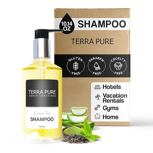 Terra Pure Green Tea Shampoo 10.14oz Pump | Clean Honey and Aloe Vera Formula for Hotels, Resorts and Vacation Rentals | Premium Moisturizing Bath Wash for Guest Amenities and Hospitality Toiletries