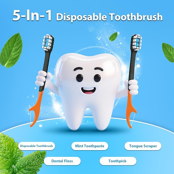 40Pack Disposable Toothbrushes with Toothpaste + Pick + Floss + Tongue Scraper 5-in-3 Mini Prepasted Travel Toothbrush for Hotel Camping Flight Car Single Use Portable Individually Wrapped | Mint
