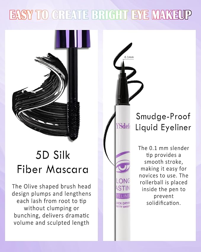 Purple Mascara & Liquid Eyeliner Set,5D Waterproof Silk Fiber Colored Mascara Volume and Length,Longlasting Smudgeproof Color Eye Liner Pen,Christmas Colorful Eye Makeup Gift Kit for Women Girl-05
