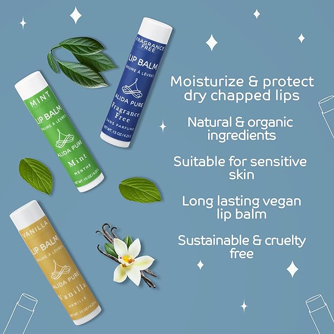 ALIDA PURE Favorites Lip Balm Collection, Vegan Set, Bees Wax Free, Coconut Oil Free, with Organic Jojoba and Avocado Oil, Vitamin E, Natural Moisturizer For Dry Cracked Lips, 3 Tube Set