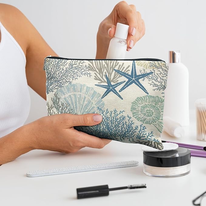 RYYCDOI Ocean Starfish Coral Seashell Beach Makeup Bag, Marine Life Sea Animals Cosmetic Bags for Women, Beach Vacation Gifts, Ocean Themed Gifts